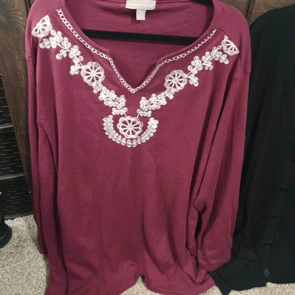 New Burgundy Pant Set Long Sleeve 4x Top V Neck